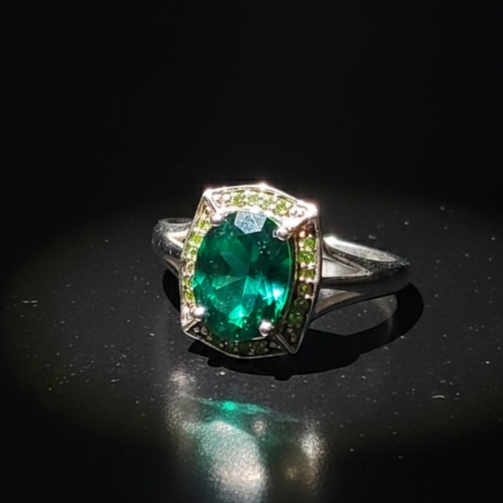 Lab-Created Emerald Diamond Halo Rhodium Over Sterling Silver Ring 1.46 CTW